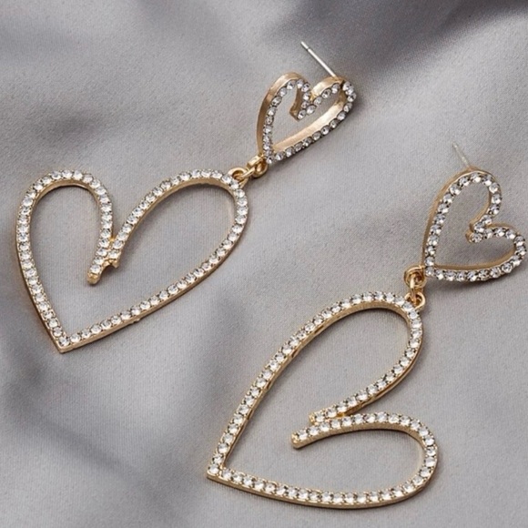 Cubic Zirconia Open Heart Open Dangle Earrings. - Picture 7 of 8